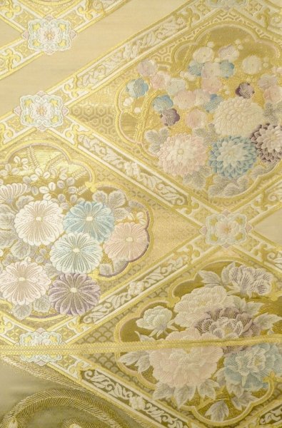Photo5: P0206A Vintage Japanese Kimono  Shiny Gold  FUKURO OBI sash Peony Silk. (Grade B) (5)