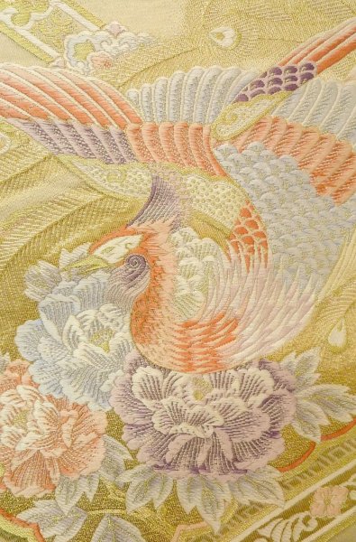 Photo6: P0206A Vintage Japanese Kimono  Shiny Gold  FUKURO OBI sash Peony Silk. (Grade B) (6)