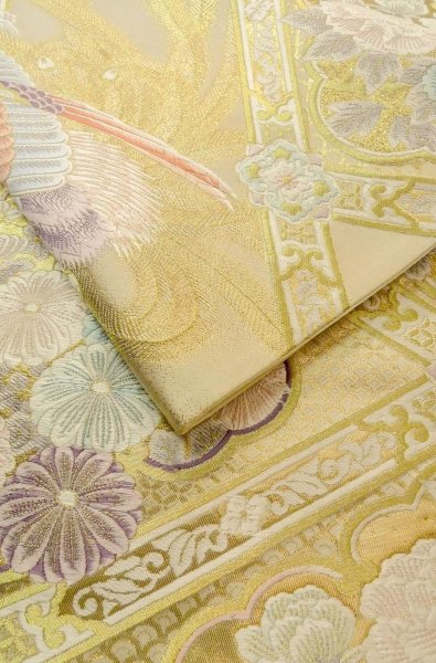 Photo12: P0206A Vintage Japanese Kimono  Shiny Gold  FUKURO OBI sash Peony Silk. (Grade B) (12)