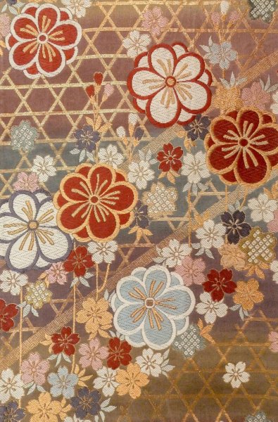 Photo4: P0206B Vintage Japanese Kimono Shiny Grayish Multi Color  FUKURO OBI sash SAKURA cherry blossom Silk. (Grade B) (4)