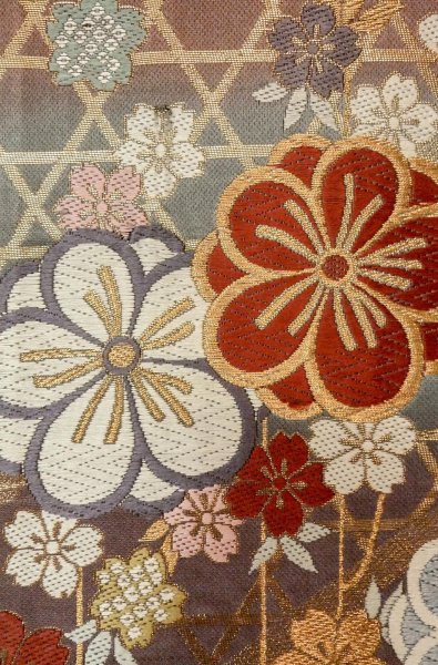 Photo5: P0206B Vintage Japanese Kimono Shiny Grayish Multi Color  FUKURO OBI sash SAKURA cherry blossom Silk. (Grade B) (5)