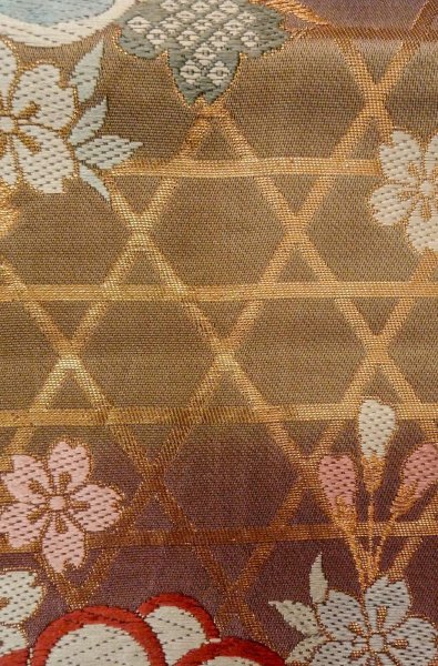 Photo7: P0206B Vintage Japanese Kimono Shiny Grayish Multi Color  FUKURO OBI sash SAKURA cherry blossom Silk. (Grade B) (7)