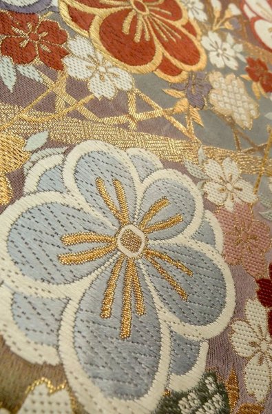 Photo8: P0206B Vintage Japanese Kimono Shiny Grayish Multi Color  FUKURO OBI sash SAKURA cherry blossom Silk. (Grade B) (8)