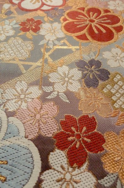 Photo10: P0206B Vintage Japanese Kimono Shiny Grayish Multi Color  FUKURO OBI sash SAKURA cherry blossom Silk. (Grade B) (10)