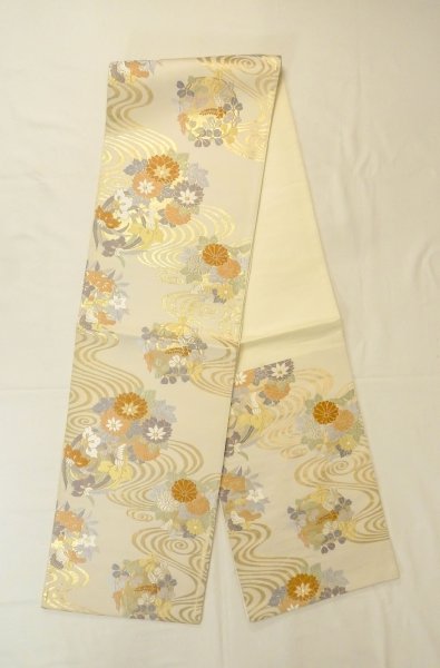 Photo1: P0206C Vintage Japanese Kimono   Off White  FUKURO OBI sash Flower circle Silk. (Grade B) (1)