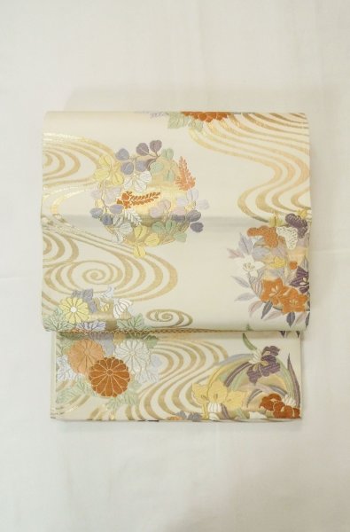 Photo2: P0206C Vintage Japanese Kimono   Off White  FUKURO OBI sash Flower circle Silk. (Grade B) (2)