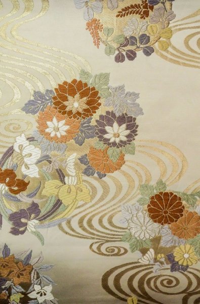 Photo4: P0206C Vintage Japanese Kimono   Off White  FUKURO OBI sash Flower circle Silk. (Grade B) (4)