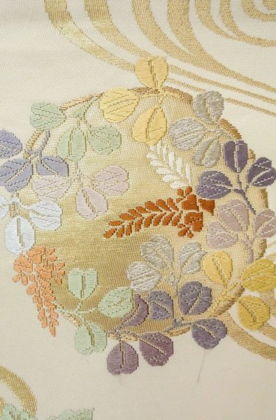 Photo6: P0206C Vintage Japanese Kimono   Off White  FUKURO OBI sash Flower circle Silk. (Grade B) (6)