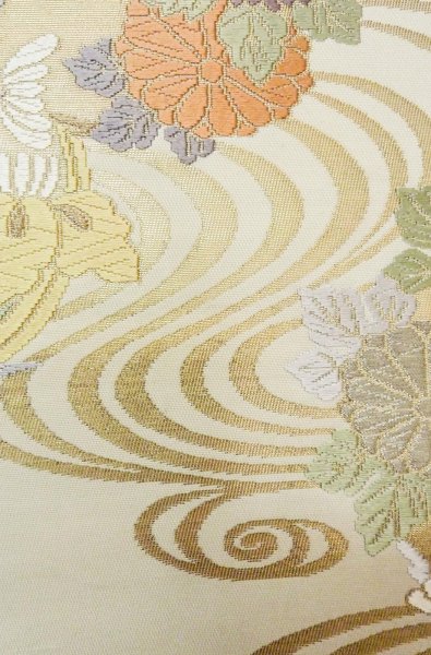 Photo7: P0206C Vintage Japanese Kimono   Off White  FUKURO OBI sash Flower circle Silk. (Grade B) (7)