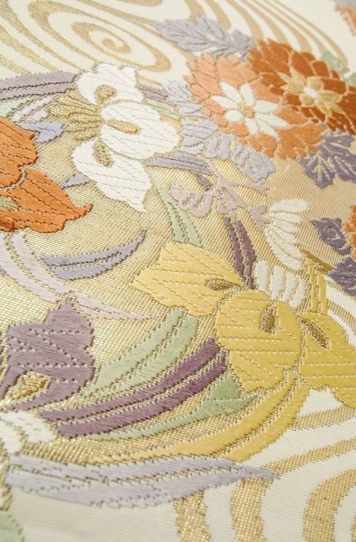 Photo8: P0206C Vintage Japanese Kimono   Off White  FUKURO OBI sash Flower circle Silk. (Grade B) (8)