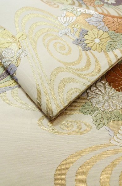 Photo11: P0206C Vintage Japanese Kimono   Off White  FUKURO OBI sash Flower circle Silk. (Grade B) (11)