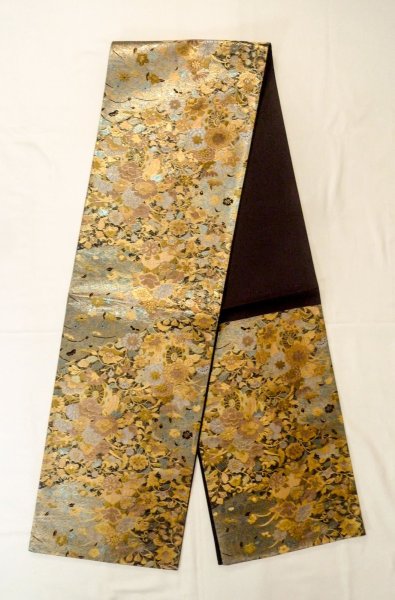 Photo1: Mint P0206D Vintage Japanese Kimono  Shiny Multi Color  FUKURO OBI sash SAKURA cherry blossom Silk. (Grade A) (1)