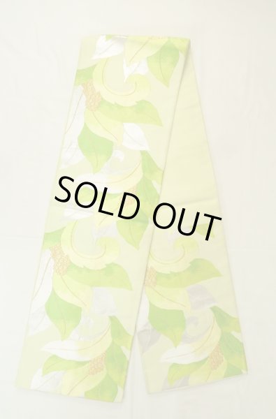 Photo2: P0206E Vintage Japanese Kimono  Pale Yellowish Green  FUKURO OBI sash Leaf Silk. (Grade B) (2)