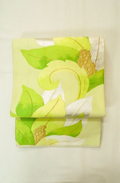 Photo2: P0206E Vintage Japanese Kimono  Pale Yellowish Green  FUKURO OBI sash Leaf Silk. (Grade B) (2)