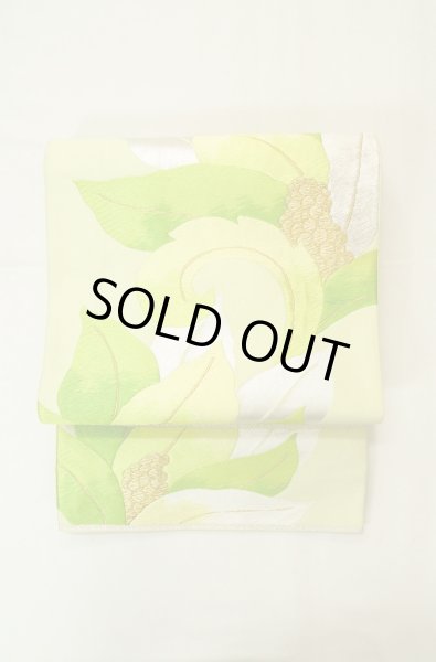 Photo3: P0206E Vintage Japanese Kimono  Pale Yellowish Green  FUKURO OBI sash Leaf Silk. (Grade B) (3)