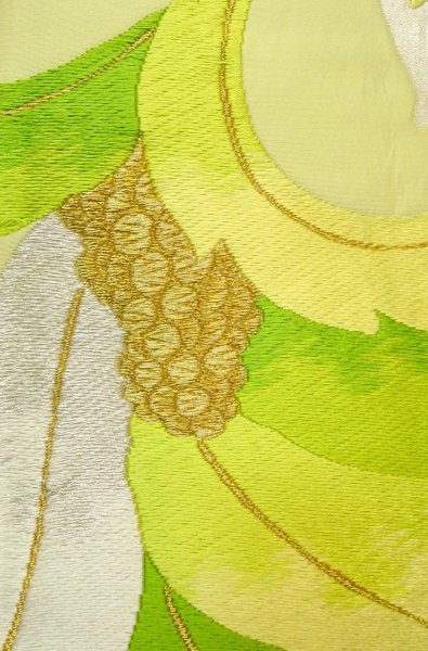 Photo5: P0206E Vintage Japanese Kimono  Pale Yellowish Green  FUKURO OBI sash Leaf Silk. (Grade B) (5)