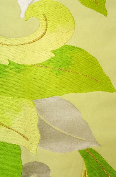 Photo6: P0206E Vintage Japanese Kimono  Pale Yellowish Green  FUKURO OBI sash Leaf Silk. (Grade B) (6)