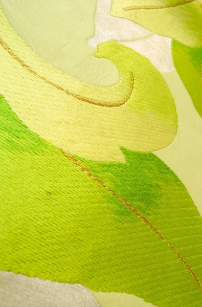 Photo8: P0206E Vintage Japanese Kimono  Pale Yellowish Green  FUKURO OBI sash Leaf Silk. (Grade B) (8)