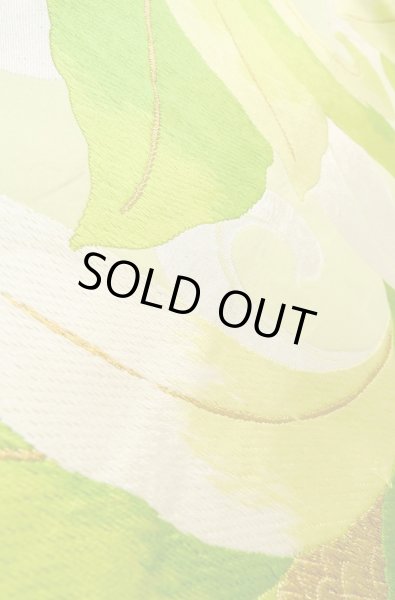 Photo10: P0206E Vintage Japanese Kimono  Pale Yellowish Green  FUKURO OBI sash Leaf Silk. (Grade B) (10)