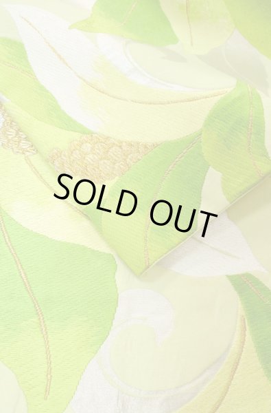 Photo11: P0206E Vintage Japanese Kimono  Pale Yellowish Green  FUKURO OBI sash Leaf Silk. (Grade B) (11)