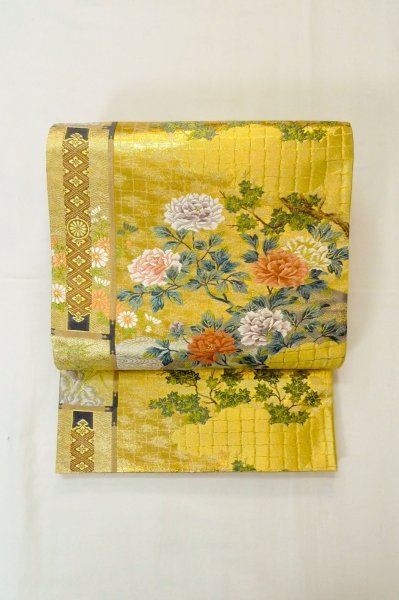 Photo2: Mint P0206F Vintage Japanese Kimono  Shiny Gold  FUKURO OBI sash Peony Silk. (Grade A) (2)