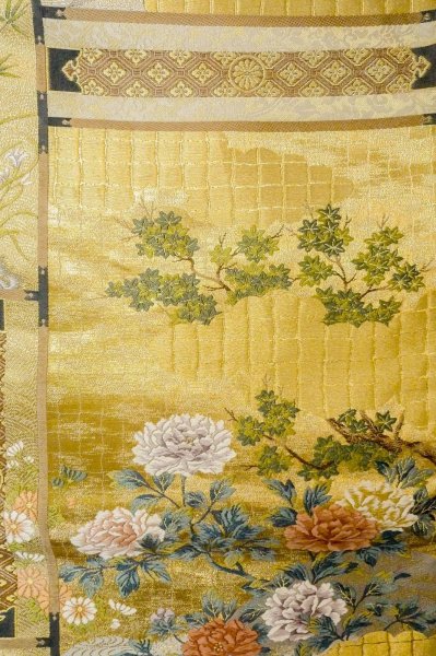 Photo3: Mint P0206F Vintage Japanese Kimono  Shiny Gold  FUKURO OBI sash Peony Silk. (Grade A) (3)