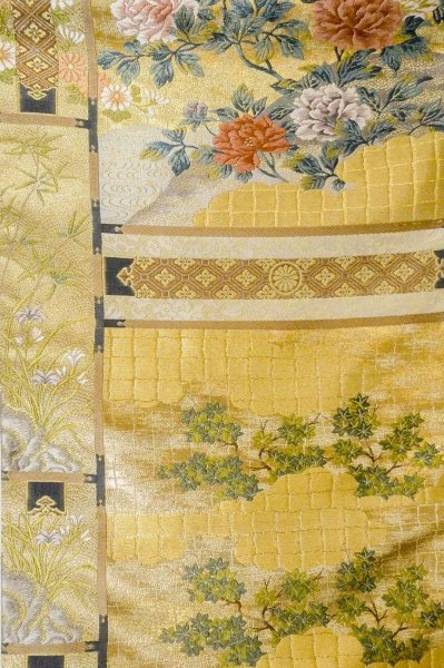 Photo4: Mint P0206F Vintage Japanese Kimono  Shiny Gold  FUKURO OBI sash Peony Silk. (Grade A) (4)