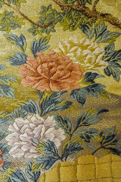 Photo5: Mint P0206F Vintage Japanese Kimono  Shiny Gold  FUKURO OBI sash Peony Silk. (Grade A) (5)