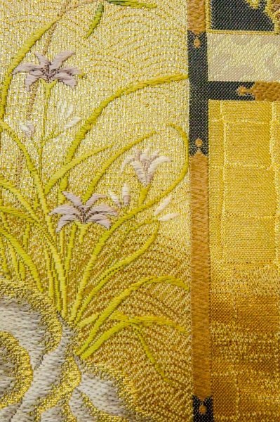 Photo7: Mint P0206F Vintage Japanese Kimono  Shiny Gold  FUKURO OBI sash Peony Silk. (Grade A) (7)