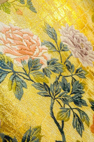 Photo8: Mint P0206F Vintage Japanese Kimono  Shiny Gold  FUKURO OBI sash Peony Silk. (Grade A) (8)