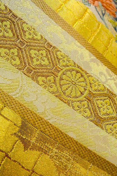 Photo9: Mint P0206F Vintage Japanese Kimono  Shiny Gold  FUKURO OBI sash Peony Silk. (Grade A) (9)