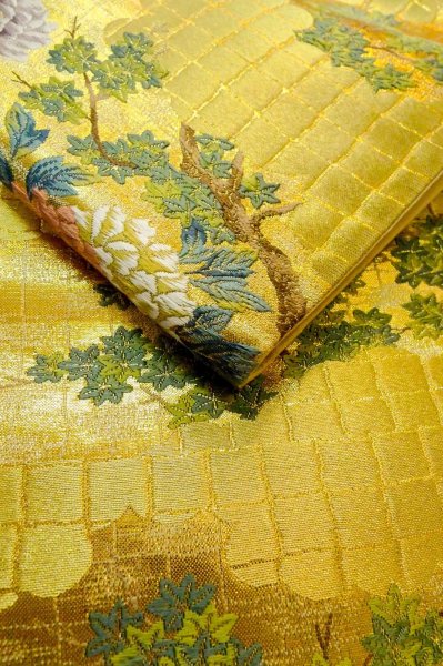 Photo11: Mint P0206F Vintage Japanese Kimono  Shiny Gold  FUKURO OBI sash Peony Silk. (Grade A) (11)