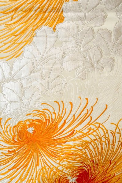 Photo4: P0206H Vintage Japanese Kimono  Shiny Off White  FUKURO OBI sash Chrysanthemum Silk. (Grade A) (4)