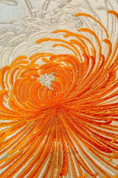 Photo5: P0206H Vintage Japanese Kimono  Shiny Off White  FUKURO OBI sash Chrysanthemum Silk. (Grade A) (5)