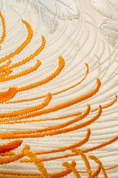 Photo8: P0206H Vintage Japanese Kimono  Shiny Off White  FUKURO OBI sash Chrysanthemum Silk. (Grade A) (8)