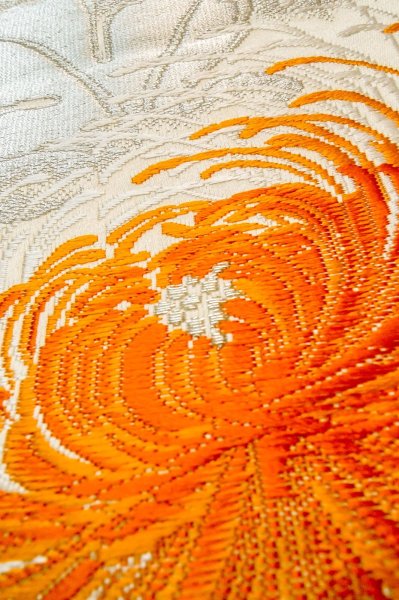 Photo9: P0206H Vintage Japanese Kimono  Shiny Off White  FUKURO OBI sash Chrysanthemum Silk. (Grade A) (9)