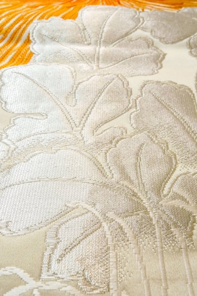 Photo10: P0206H Vintage Japanese Kimono  Shiny Off White  FUKURO OBI sash Chrysanthemum Silk. (Grade A) (10)