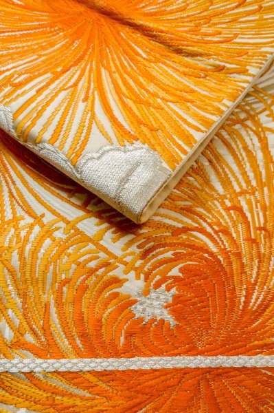 Photo11: P0206H Vintage Japanese Kimono  Shiny Off White  FUKURO OBI sash Chrysanthemum Silk. (Grade A) (11)
