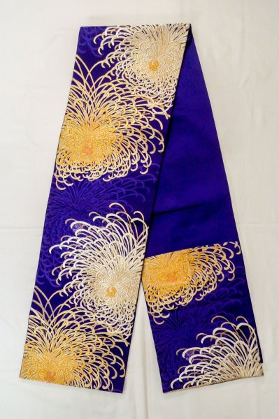 Photo1: P0206I Vintage Japanese Kimono  Vivid Purple  FUKURO OBI sash Chrysanthemum Silk. (Grade B) (1)