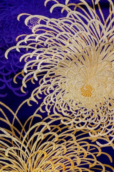 Photo3: P0206I Vintage Japanese Kimono  Vivid Purple  FUKURO OBI sash Chrysanthemum Silk. (Grade B) (3)