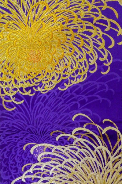 Photo4: P0206I Vintage Japanese Kimono  Vivid Purple  FUKURO OBI sash Chrysanthemum Silk. (Grade B) (4)