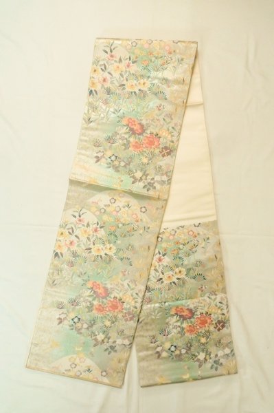 Photo1: P0206K Vintage Japanese Kimono  Shiny Off White  FUKURO OBI sash Flower Silk. (Grade A) (1)
