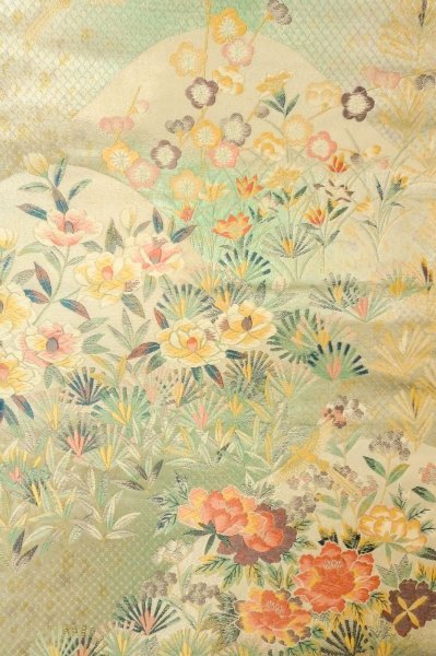 Photo4: P0206K Vintage Japanese Kimono  Shiny Off White  FUKURO OBI sash Flower Silk. (Grade A) (4)