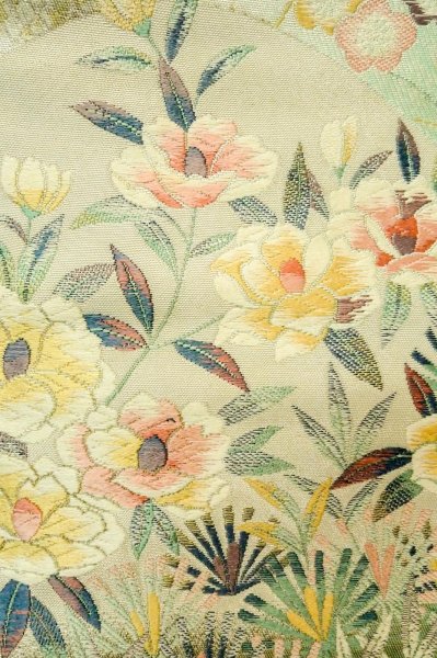 Photo6: P0206K Vintage Japanese Kimono  Shiny Off White  FUKURO OBI sash Flower Silk. (Grade A) (6)