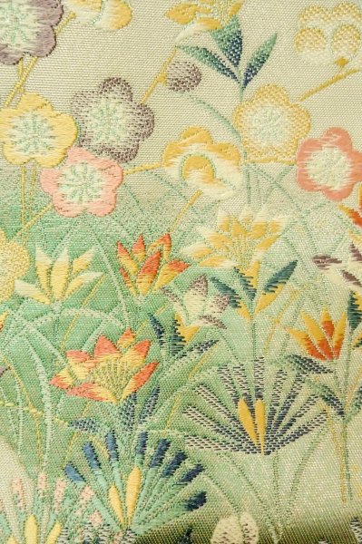 Photo7: P0206K Vintage Japanese Kimono  Shiny Off White  FUKURO OBI sash Flower Silk. (Grade A) (7)