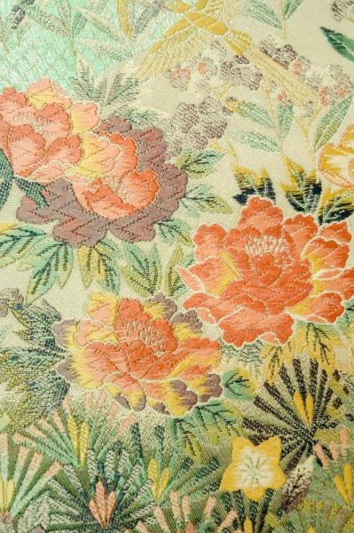 Photo8: P0206K Vintage Japanese Kimono  Shiny Off White  FUKURO OBI sash Flower Silk. (Grade A) (8)