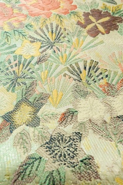 Photo10: P0206K Vintage Japanese Kimono  Shiny Off White  FUKURO OBI sash Flower Silk. (Grade A) (10)