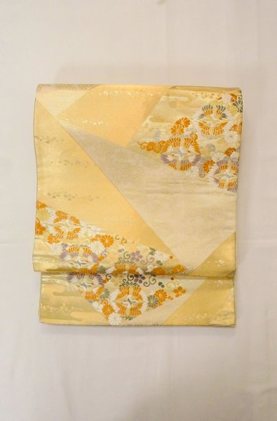 Photo2: P0206N Vintage Japanese Kimono  Shiny Gold  FUKURO OBI sash Peony Silk. (Grade B) (2)