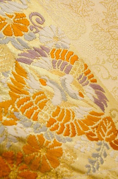 Photo7: P0206N Vintage Japanese Kimono  Shiny Gold  FUKURO OBI sash Peony Silk. (Grade B) (7)