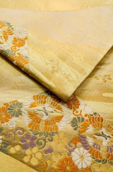Photo10: P0206N Vintage Japanese Kimono  Shiny Gold  FUKURO OBI sash Peony Silk. (Grade B) (10)